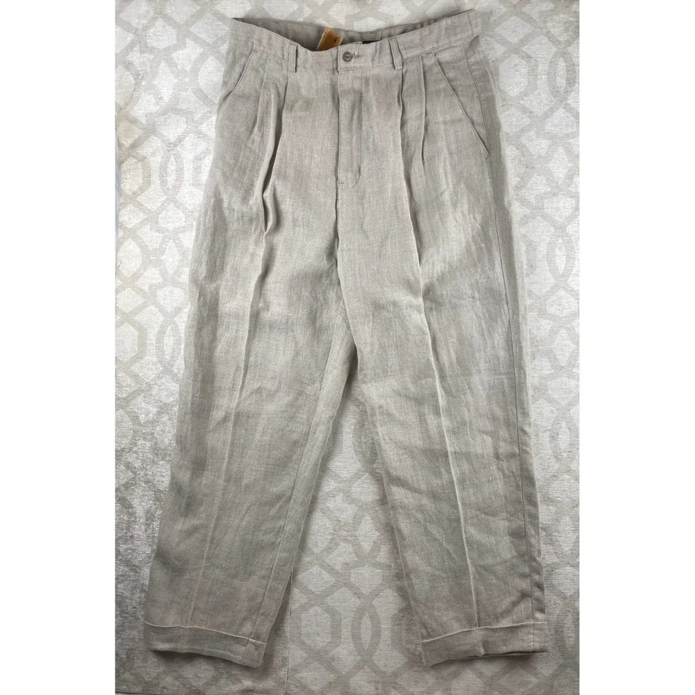 Chaps Ralph Lauren Mens 36x32 Beige 100% Linen Pleated Cuffed Straight Leg Pants